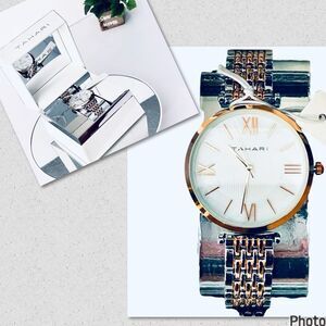 NWT Gorgeous  Tahari Silver Gold Quartz White Dial Stainless Steel Women's Watch